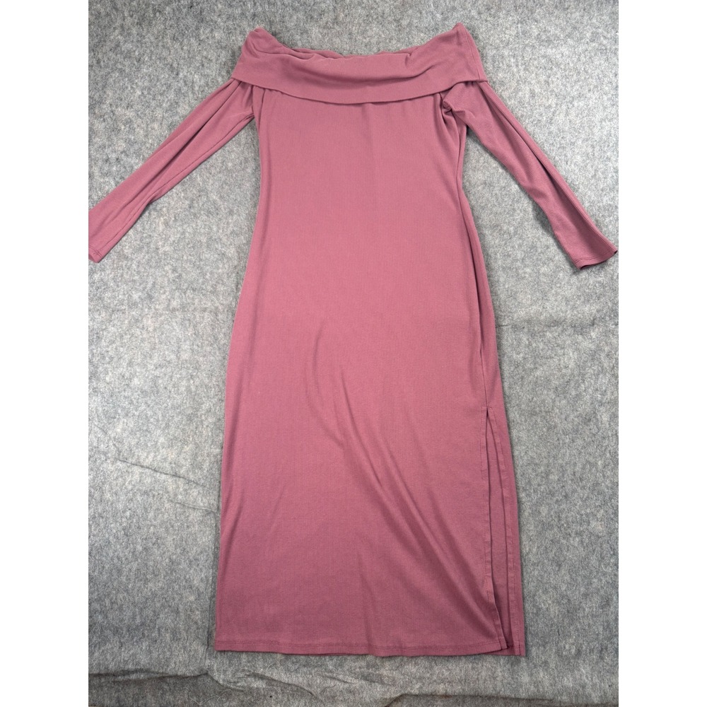 Fashion Nova Midi Dress Womens 2X Pink Ribbed Knit Off Shoulder Side Slit Chic